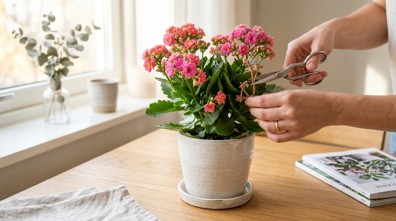 Pruning and deadheading a blooming pink Kalanchoe blossfeldiana succulent